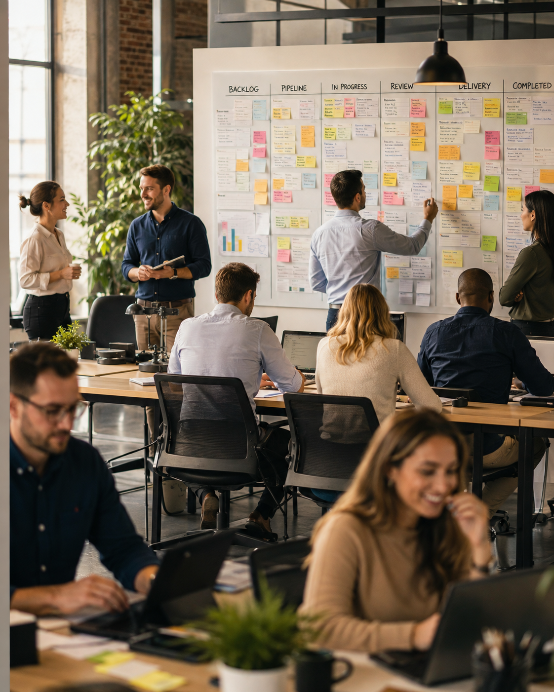Ausgelastetes Team vor einem vollen Projekt- und Auftragsbacklog